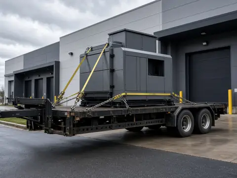 Industrial machine strapped to a lowboy trailer outside a factory dock