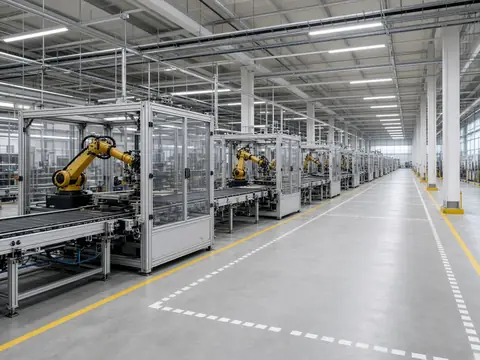 Modern automated production line with robotic cells in a bright factory