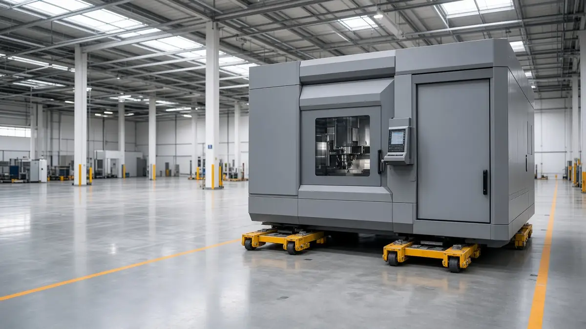 Large CNC machine on rigging skates being moved across a factory floor
